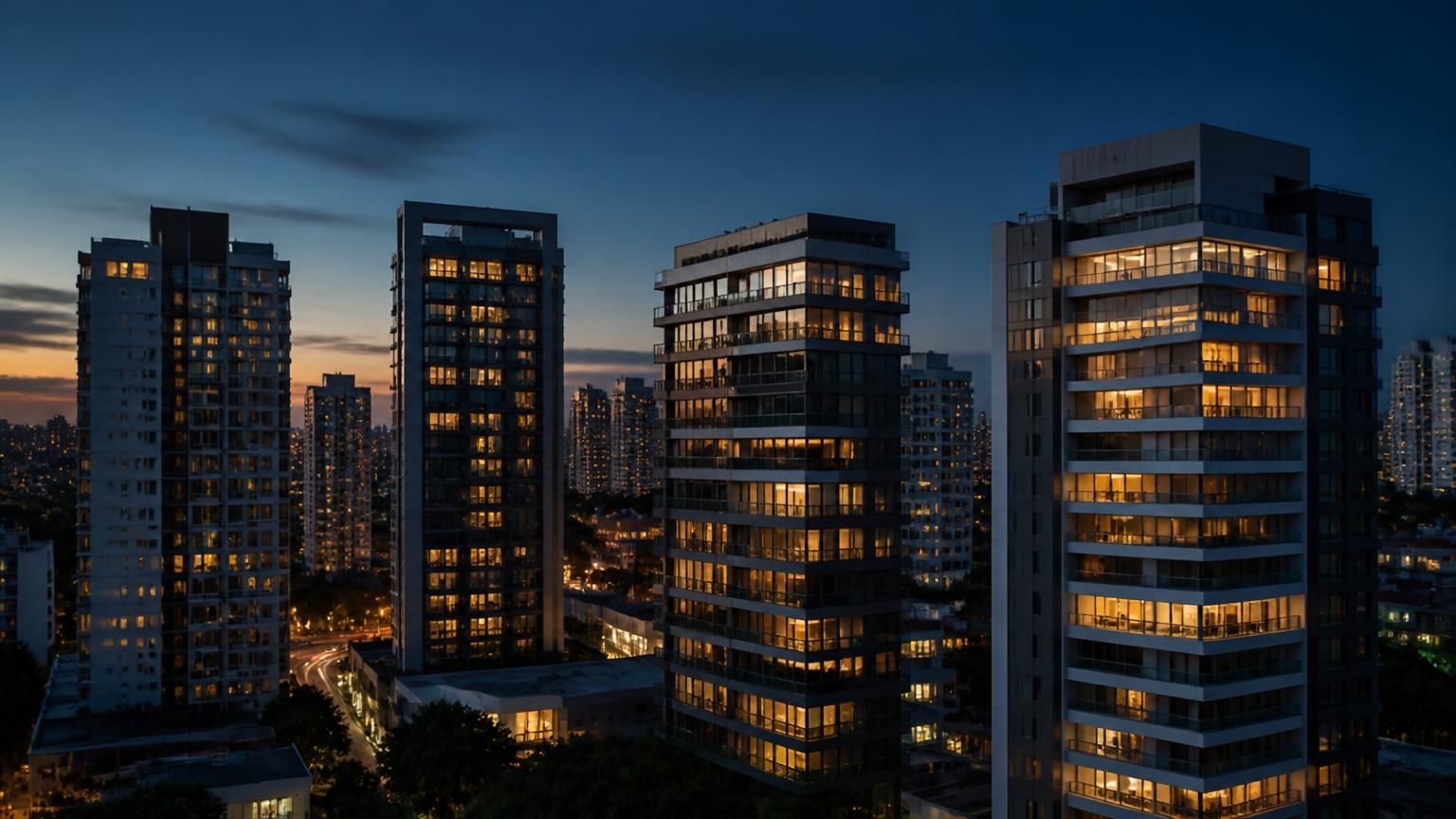 Prédios residenciais de alto padrão iluminados ao anoitecer